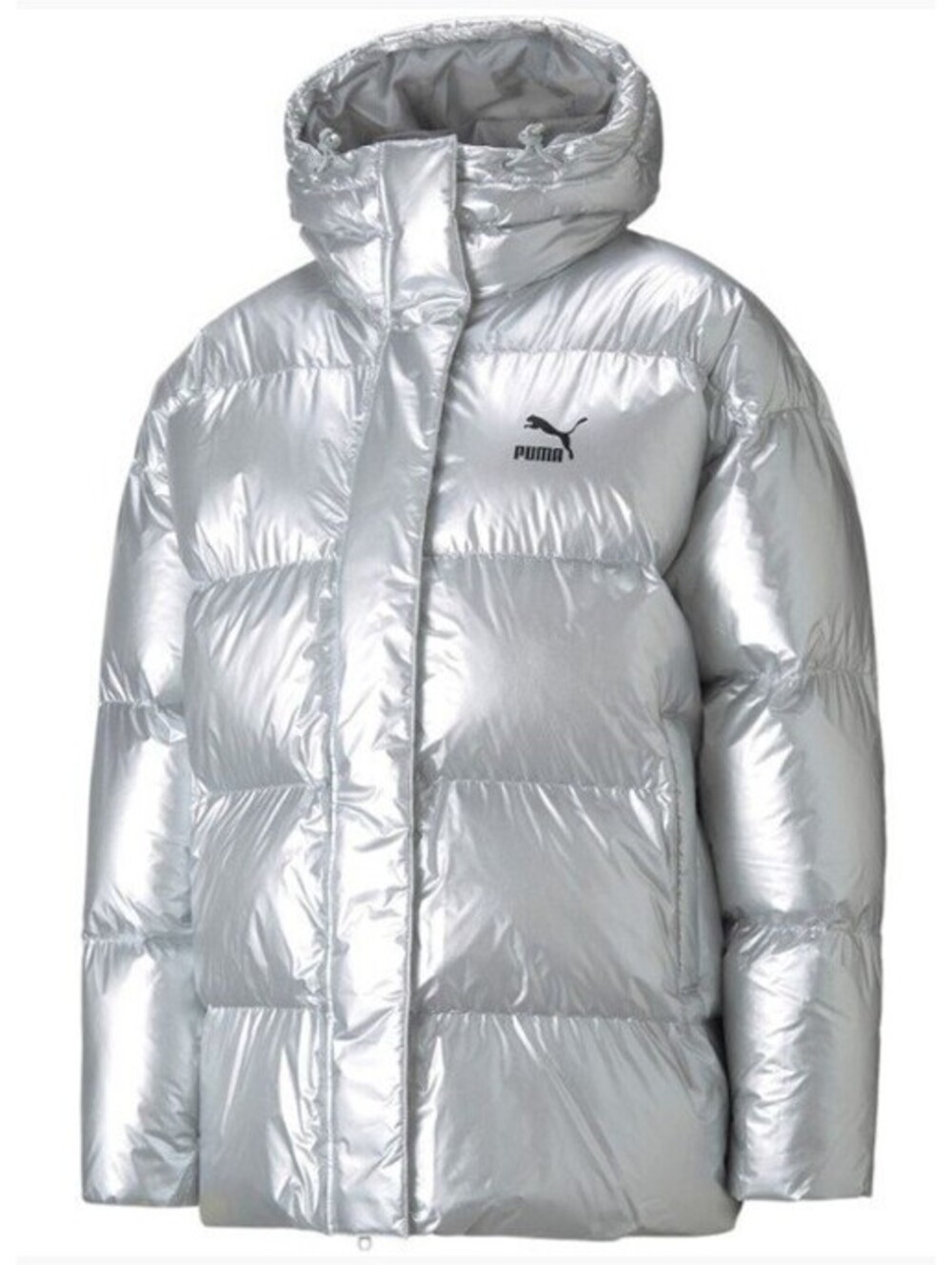 PUMA Hooded Puffer Jacket Silver Metallic $170 589584 10 Women's Size LARGE L